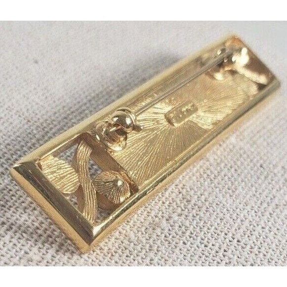 Brooch Pin - Signed Monet - Rectangle - Faux Pearls Rhinestones  Black Gold Tone - Picture 7 of 9